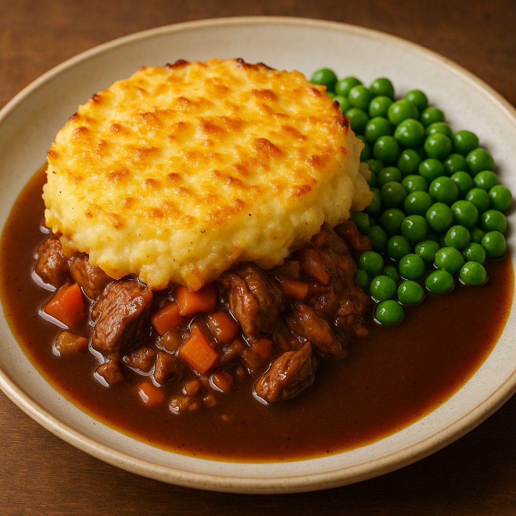 Shepherd’s pie served with peas and gravy