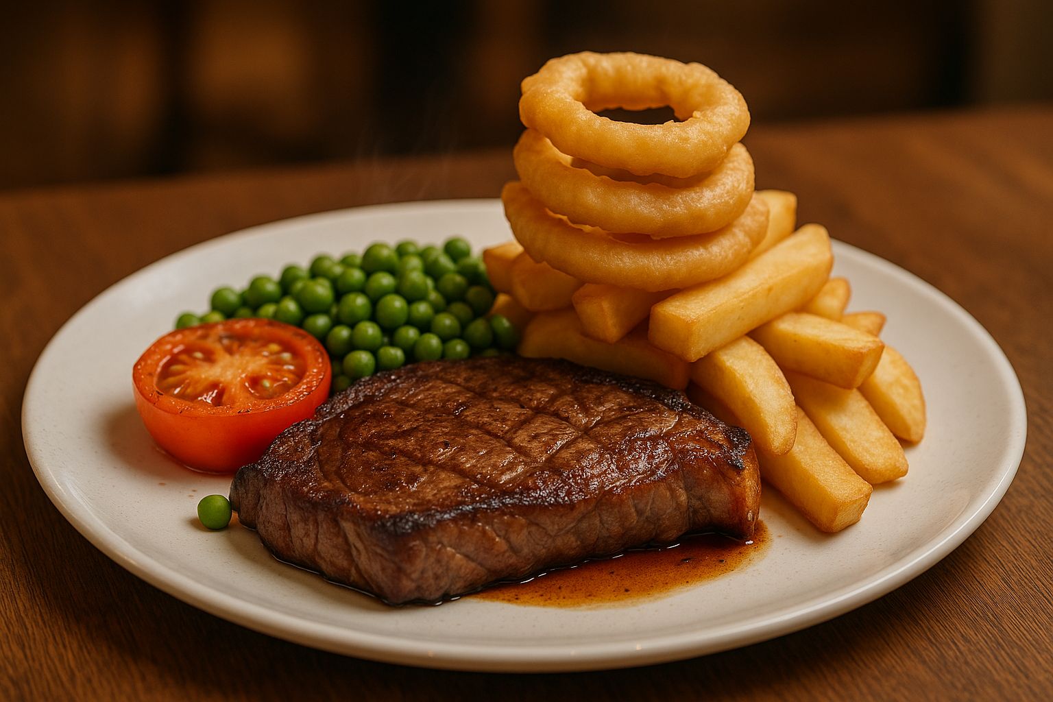 10oz rump steak with chips, onion rings, tomato and peas