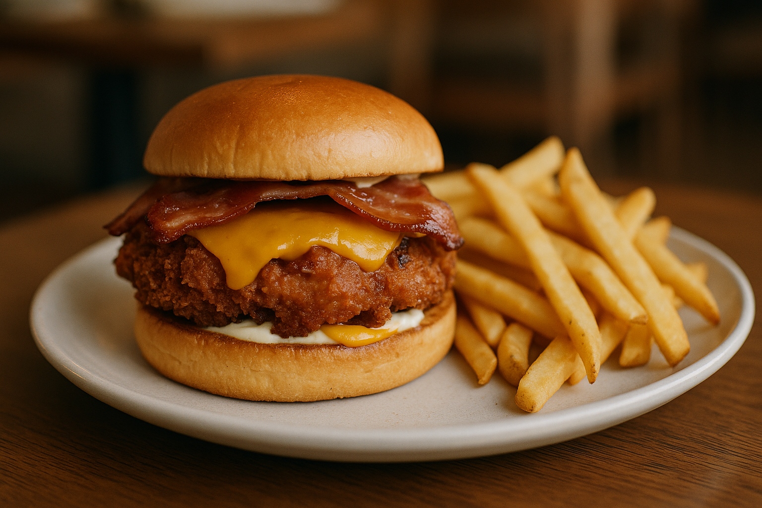 Crispy chicken melt burger served with bacon and fries