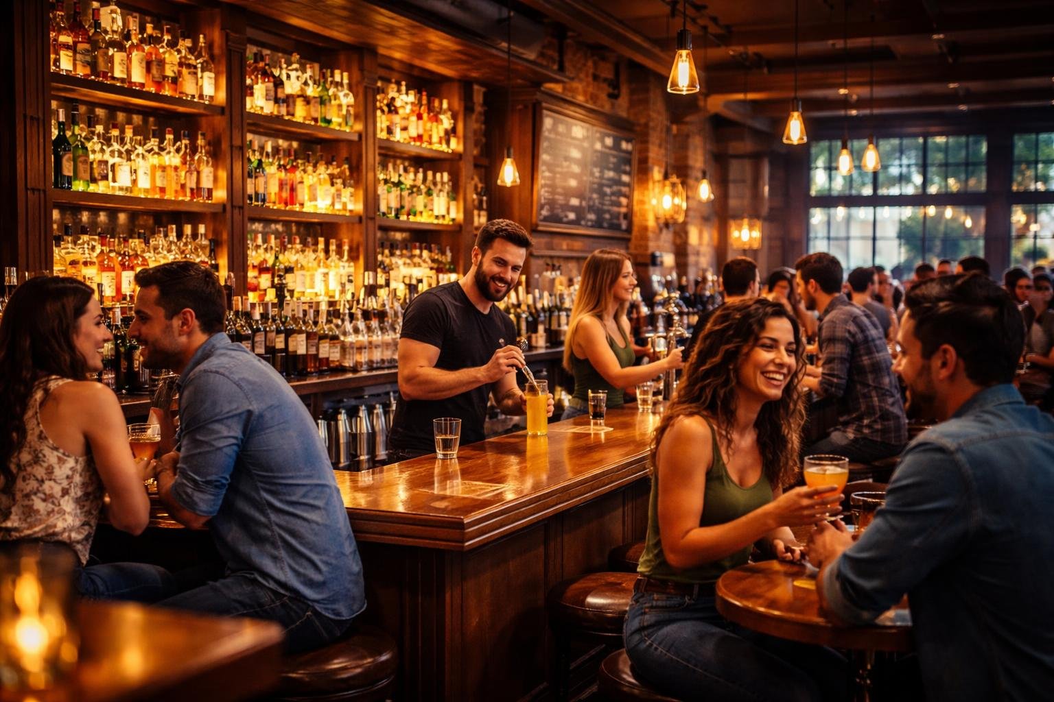 Interior of a busy bar with people enjoying drinks at a wooden counter surrounded by bottles and warm lighting.