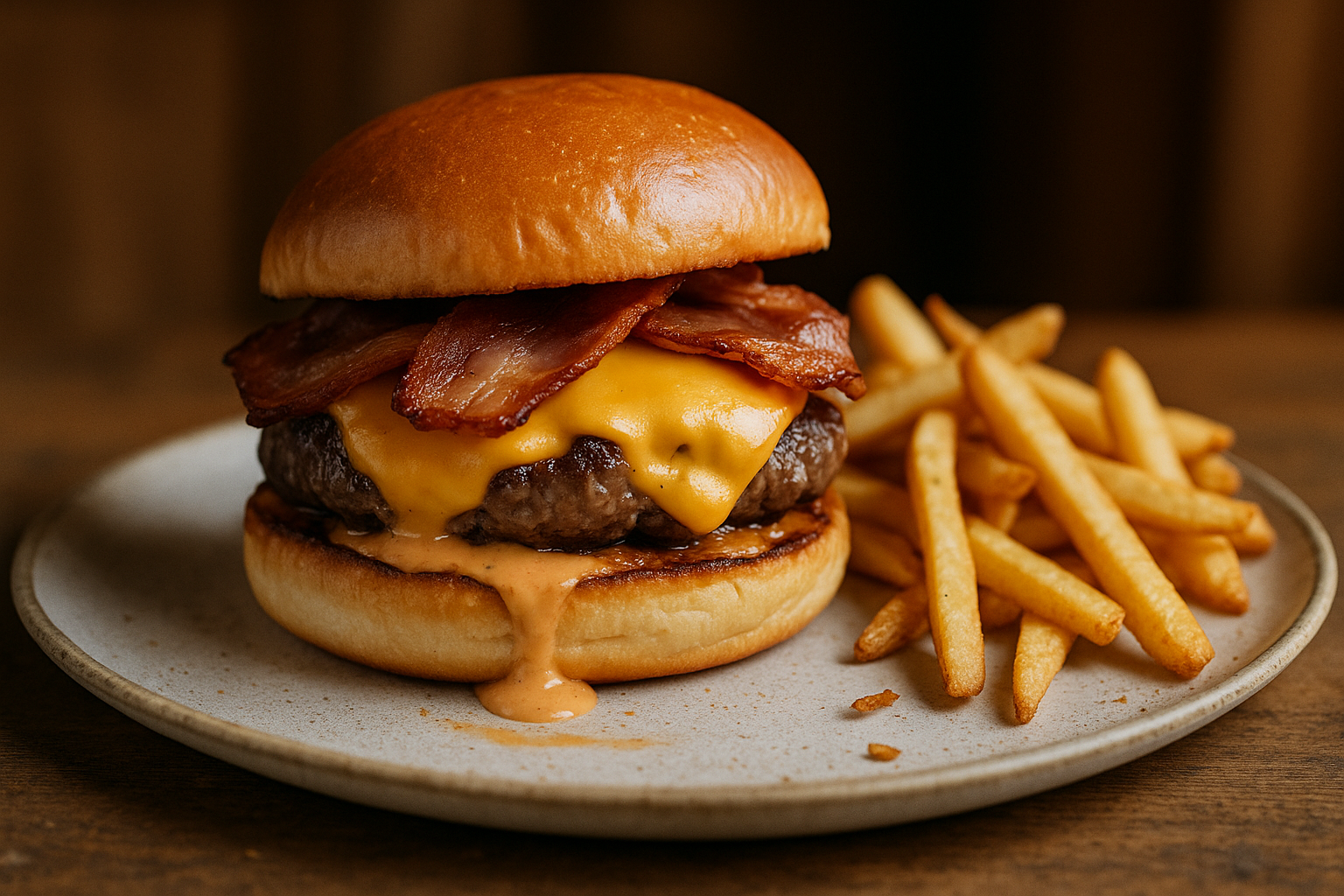 Beef burger with fries on a pub table