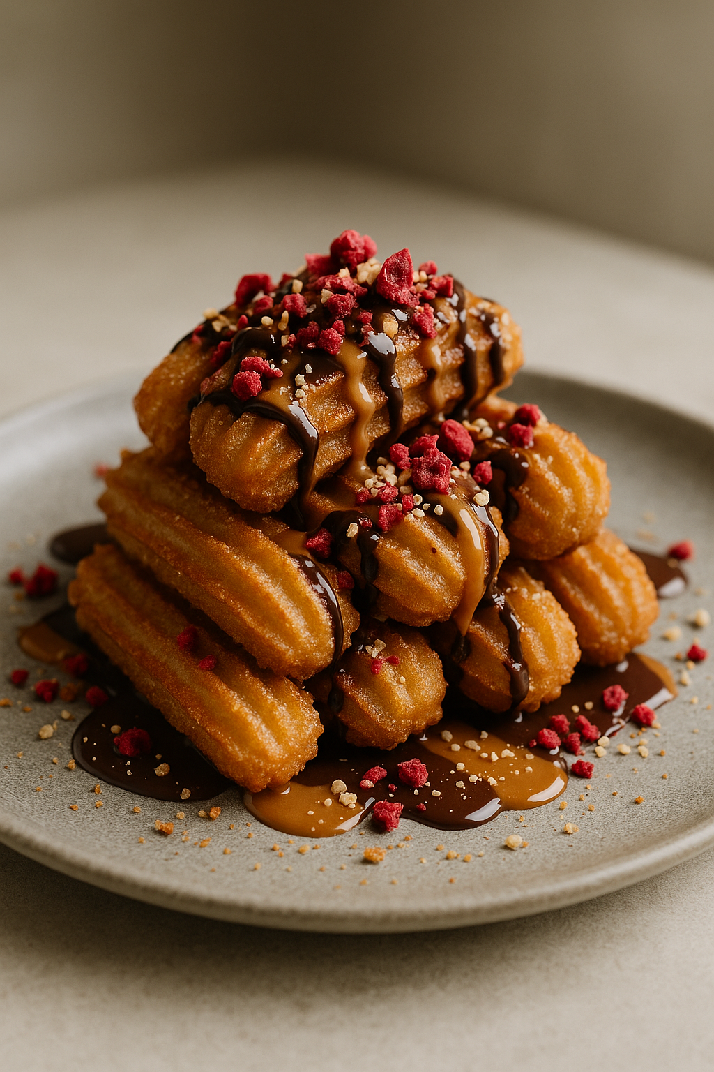 Loaded churros drizzled with chocolate and Biscoff